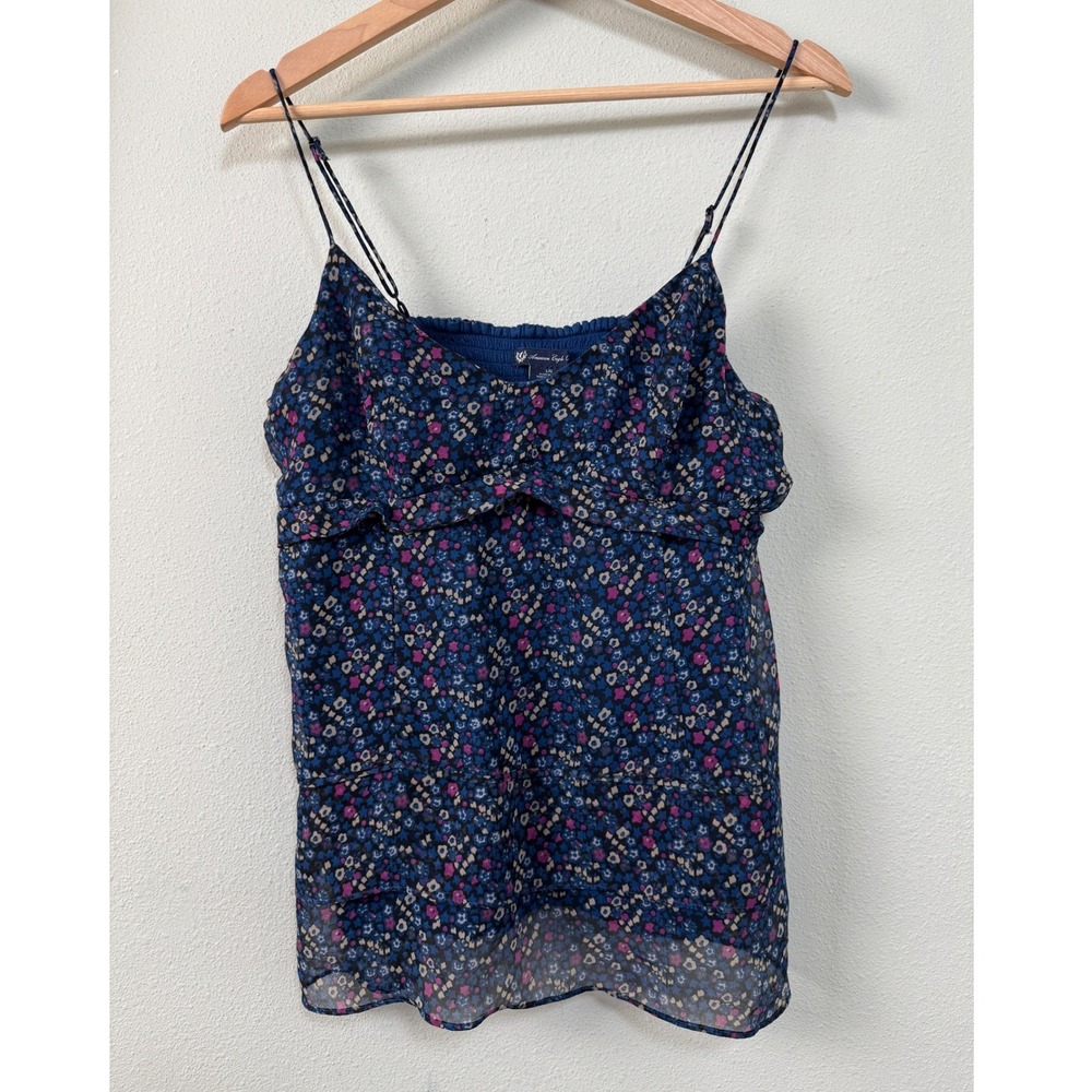 American‎ Eagle Blue Floral Tiered Y2K Babydoll Camisole Smocked Back Tank Top L